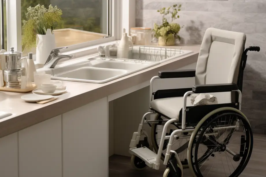 A wheelchair in a kitchen next to a sink