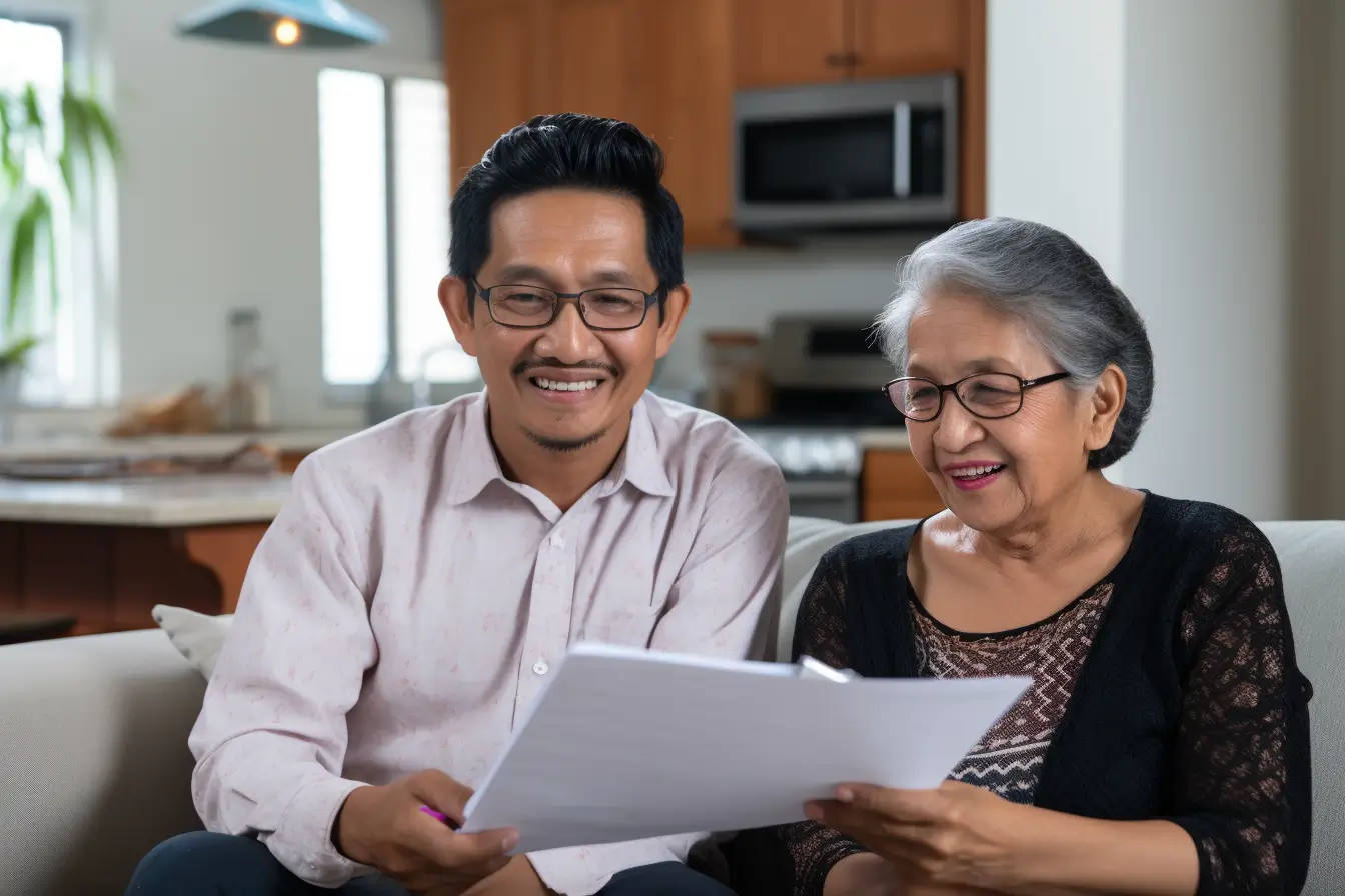 A man and woman sitting on a couch looking at a piece of paper